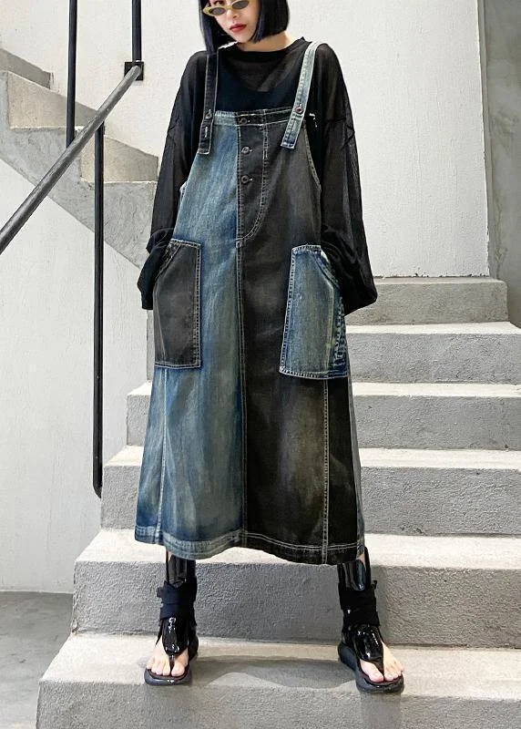 Simple Solid Color 100% denim black cotton quilting clothes Sleeveless pockets Maxi Dresses