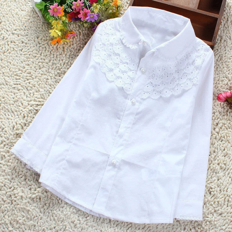 Romantic And Fresh Girls White Blouse 100% Cotton Lace School Girl Blouse For Girls Long Sleeve Shirts Spring & Autumn Fashion Shirt Kids Clothes