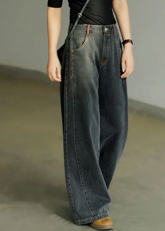 Fashionable And Versatile Casual Black High Waist Zip Up Draping Pockets Cotton Denim Wide Leg Pants Summer