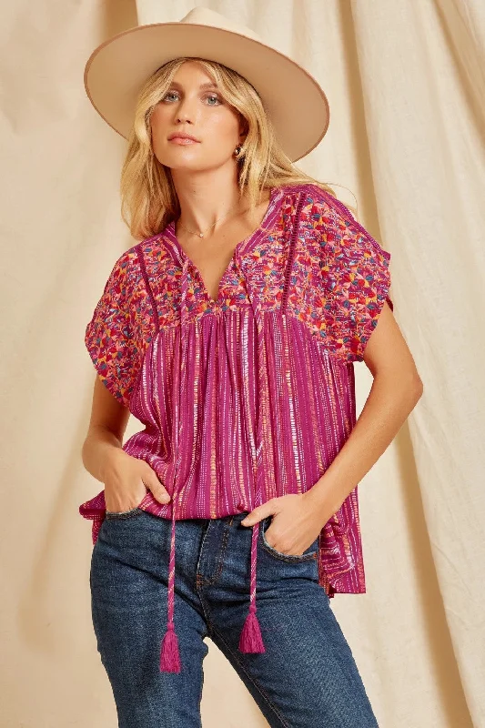 Loose Fit Striped Babydoll Embroidered Top, Magenta