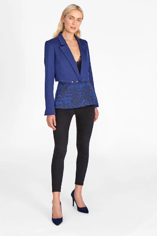 Embroidered Letters Popper jacket with laser cut peplum in blue luxury worsted wool & faux engraved suede