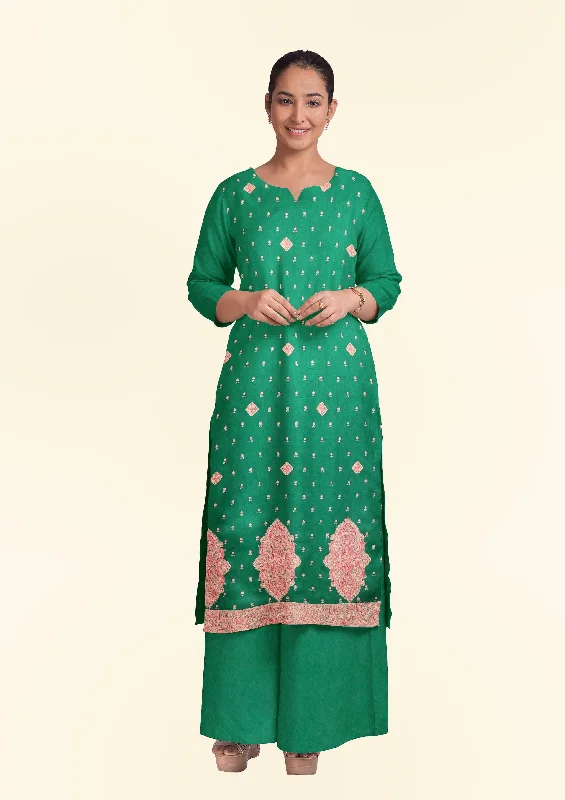 Celebrity Style Pashtush Unstitched Kashmiri Embroidery 2-Piece Suit, Fine Wool, Soft and Warm, Green