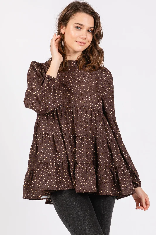 Outdoor Trend Brown Animal Print Mock Neck Tiered Top