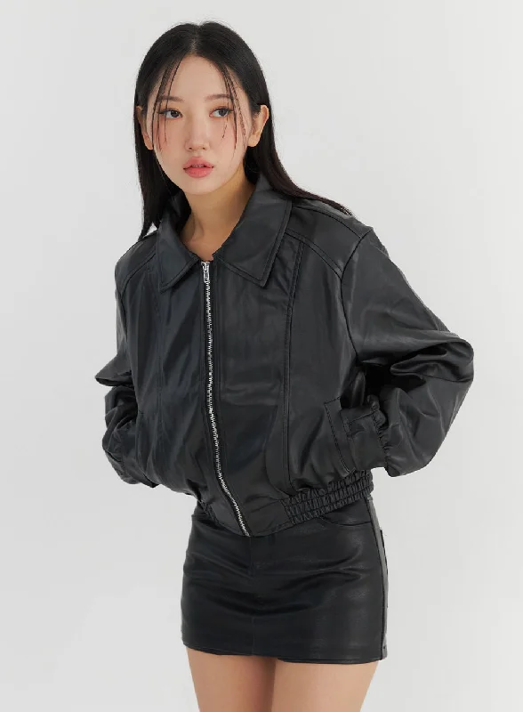 Retro Fashion Collar Faux Leather Zip-Up Jacket CO325