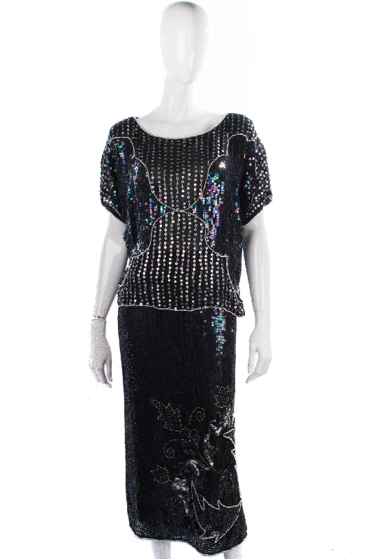 Playful Style Pure Silk Two Piece Top and Skirt Black and Silver Sequinned Size 14/16