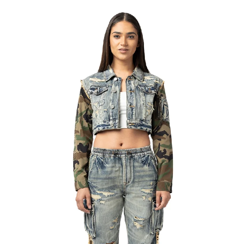 High Street Style Mix Media Cropped Jean Jacket - Florence Blue