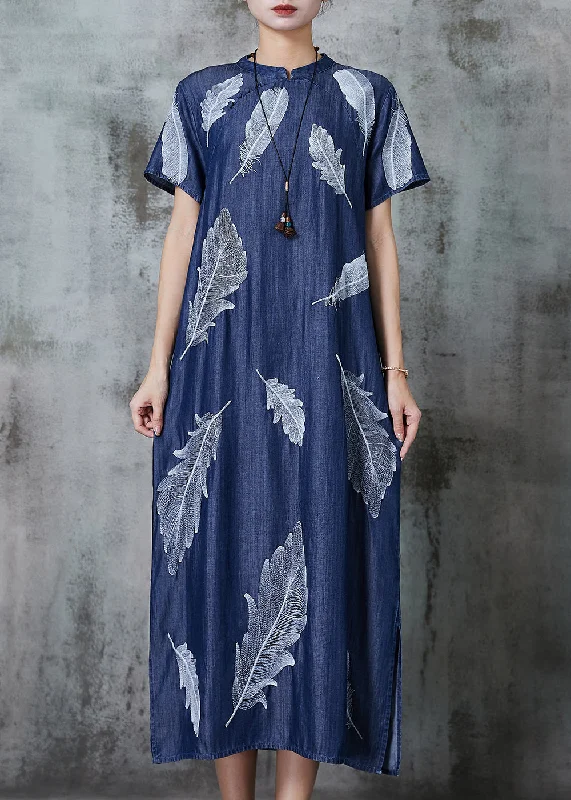 Elegant And Simple Art Navy Feather Print Denim Cheongsam Dress Summer