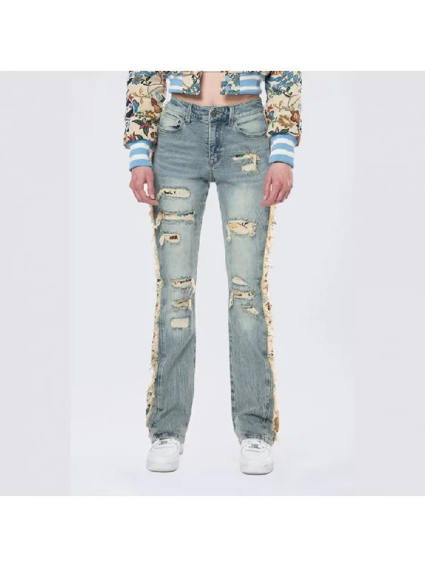 New Autumn And Winter Styles Floral Ripped Denim Fringe Lacework Jeans