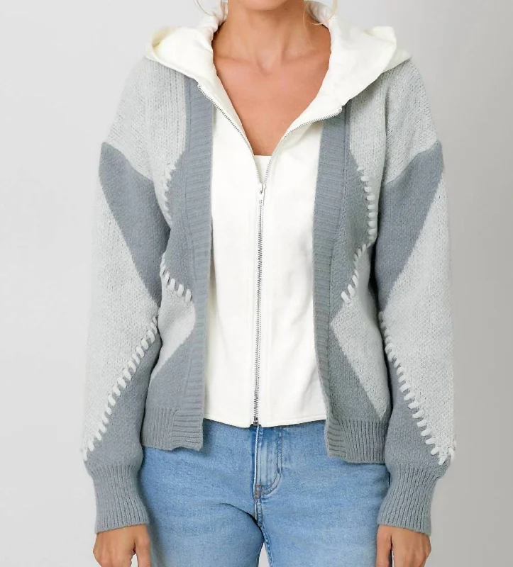 Elegant And Noble Twofer Hoodie Sweater Cardigan In Grey Mix