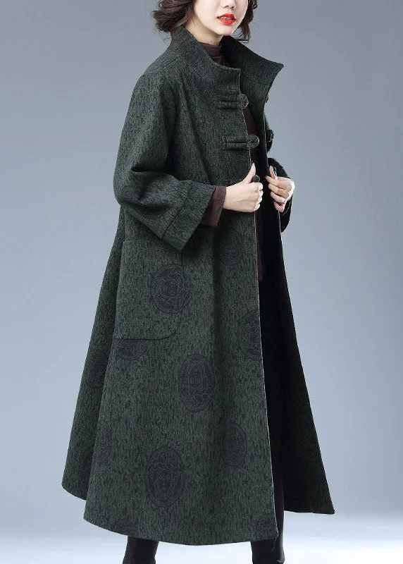 Comfortable Design Vintage Green Chinese Button Print Pockets Patchwork Woolen Long Trench Coat Fall