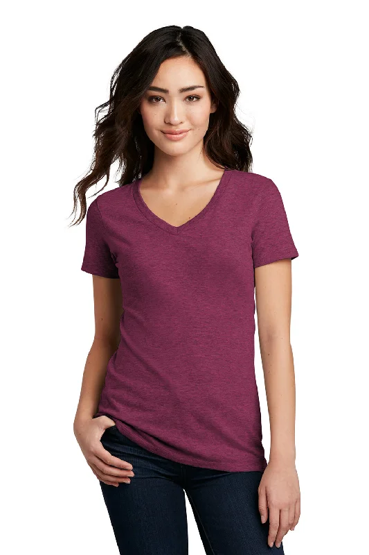 Simple Solid Color District Womens Perfect Blend Short Sleeve V-Neck T-Shirt - Raspberry Fleck