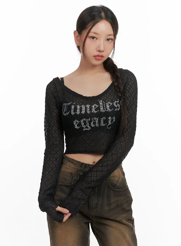 Celebrity Must-have Lettering Mesh Crop Long Sleeve Tee CO404