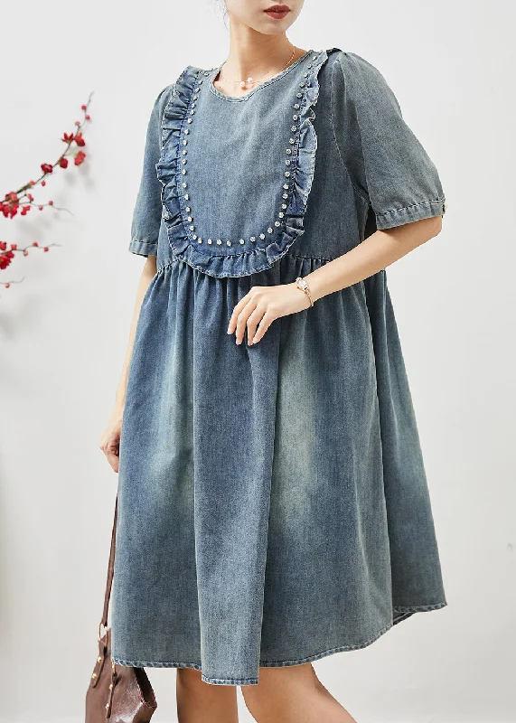 Casual And Comfortable Bohemian Blue Ruffled Nail Bead Denim Dresses Summer