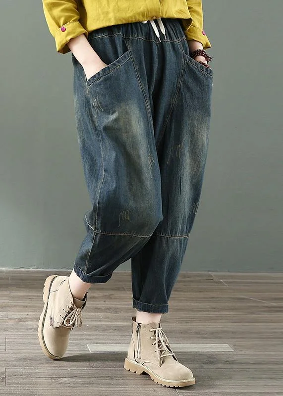 European And American Style Spring nine points cross pants denim harem pants female elastic waist retro loose trousers