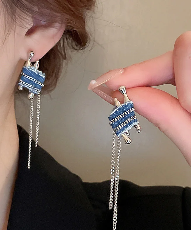 Ethnic Style Handmade Blue Denim Cloth Chain Tassel Drop Earrings