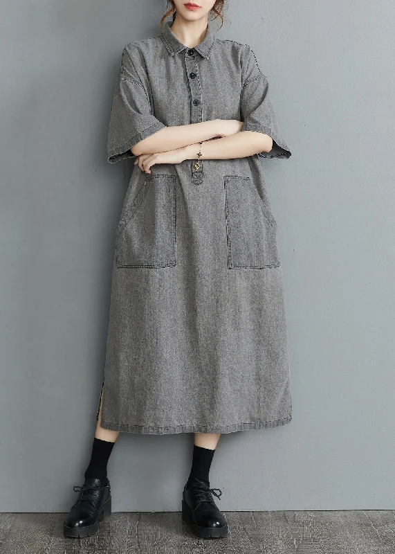 End Of The Year Loose Grey Peter Pan Collar Button side open Pockets Denim Dresses Short Sleeve