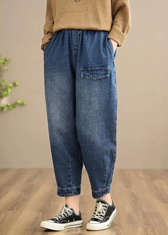 British Style Handmade Spring Casual Pants Oversize Denim Blue Photography Elastic Waist Trousers