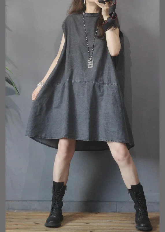 British Fashion Fitted Black Grey O-Neck low high design Summer Denim Mid Dress