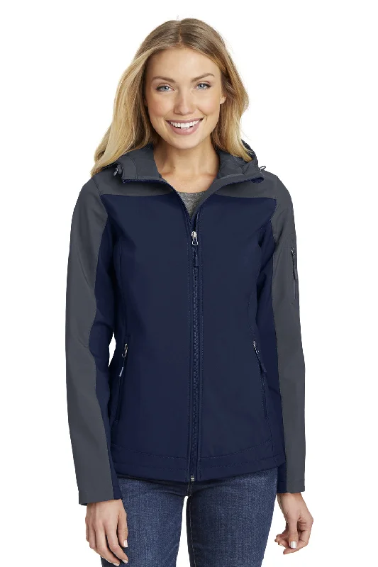 Autumn Selection Port Authority Womens Core Wind & Water Resistant Full Zip Hooded Jacket - Dress Navy Blue/Battleship Grey