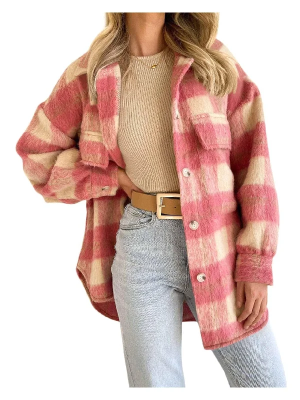 High Street Style Woolen Oversized Plaid Shirt Jacket