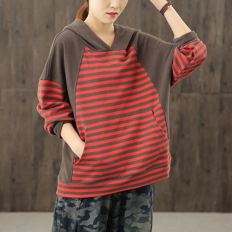 Elegant Tailoring Style red striped tunics for women hooded patchwork baggy blouses