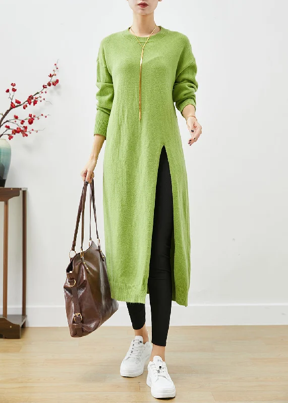 End Of The Year Grass Green Oversized Knit Sweater Dress Side Open Fall