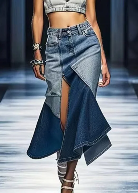 Classic Retro Chic Blue Side Open Patchwork Denim Skirt Summer