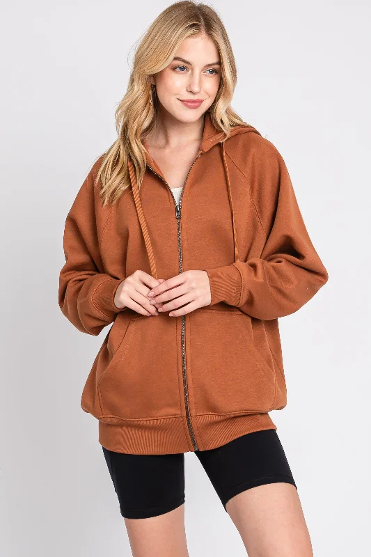 Designer Style Camel Front Zipper Hooded Sweater