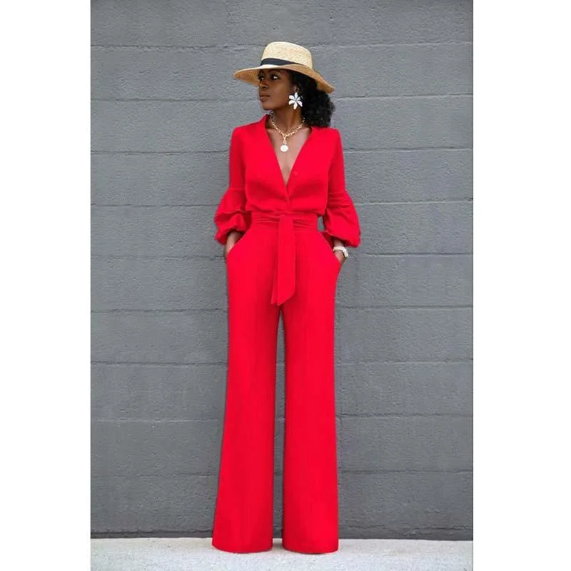 Simple Matching Casual African Women Office Lady Long Sleeves Jumpsuits