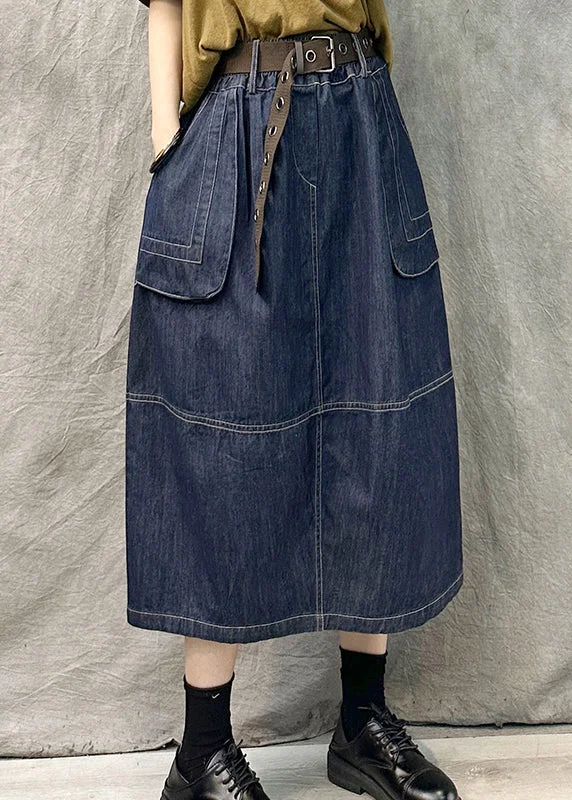 Simple Solid Color French Navy Pockets Patchwork Denim Straight Skirt Summer