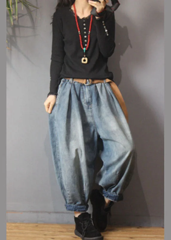 Fashionable And Versatile Loose Blue Retro Pockets Button lantern Fall Denim Pants