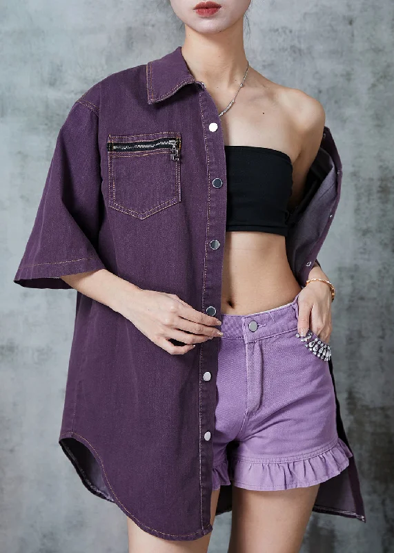 Comfortable And Casual Classy Dull Purple Zip Up Oversized Denim Shirt Top Summer