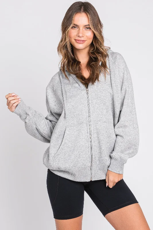 French Style Heather Grey Front Zipper Hooded Sweater