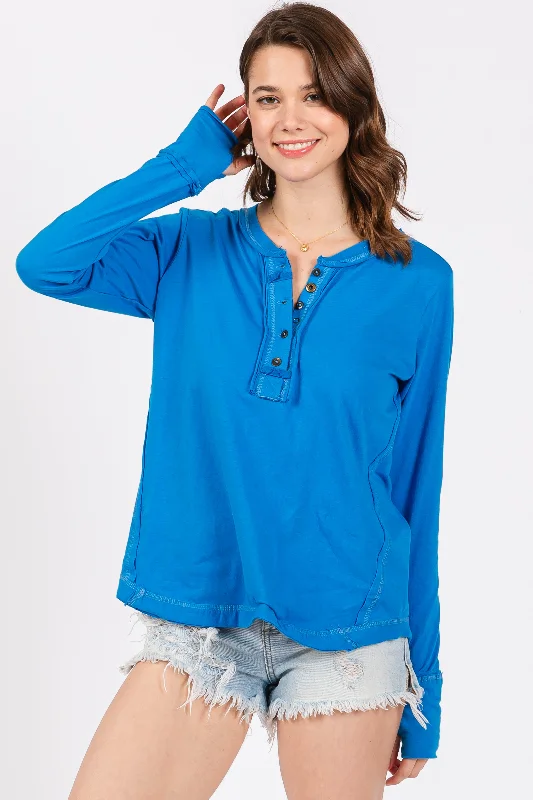 Casual Street Blue Long Sleeve Exposed Seam Top