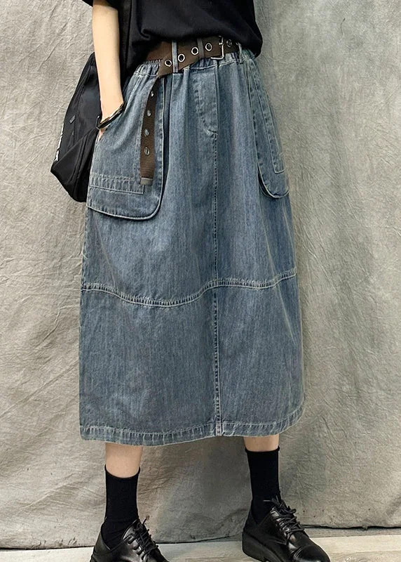 New Products Light Blue Pockets Patchwork Denim Skirt High Waist Summer