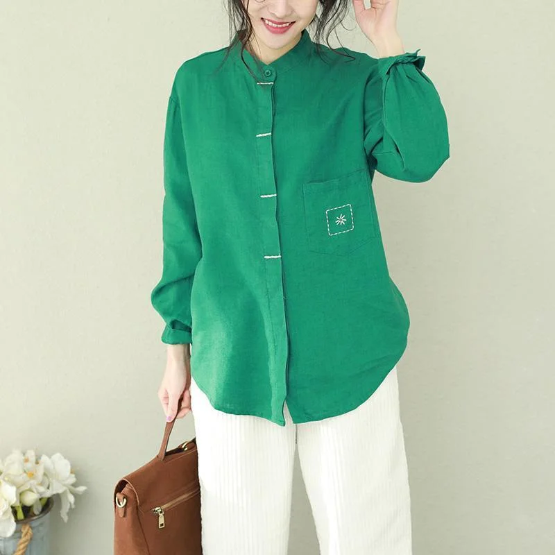 Classic Retro Style stand collar linen tops women blouses plus size Sewing green short blouses