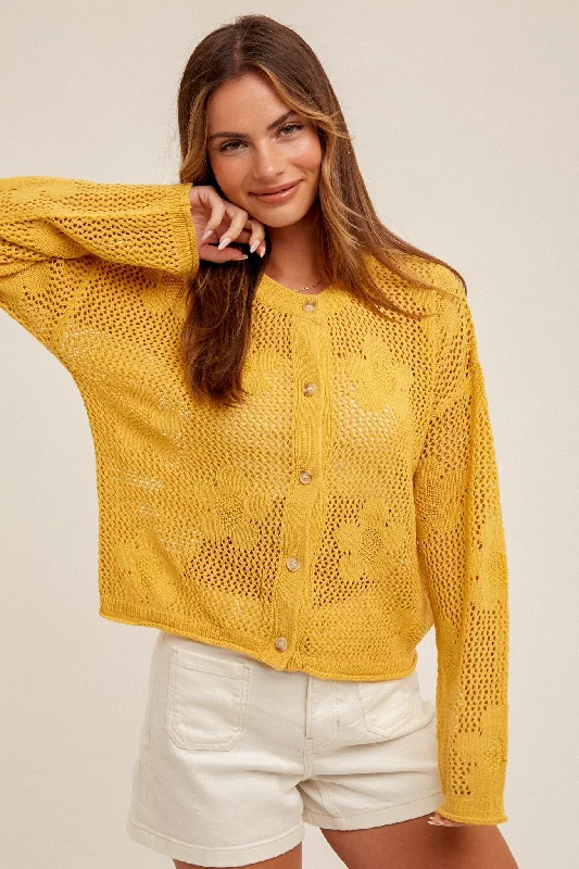 British Style Yellow Floral Open-Stitch Sweater Cardigan