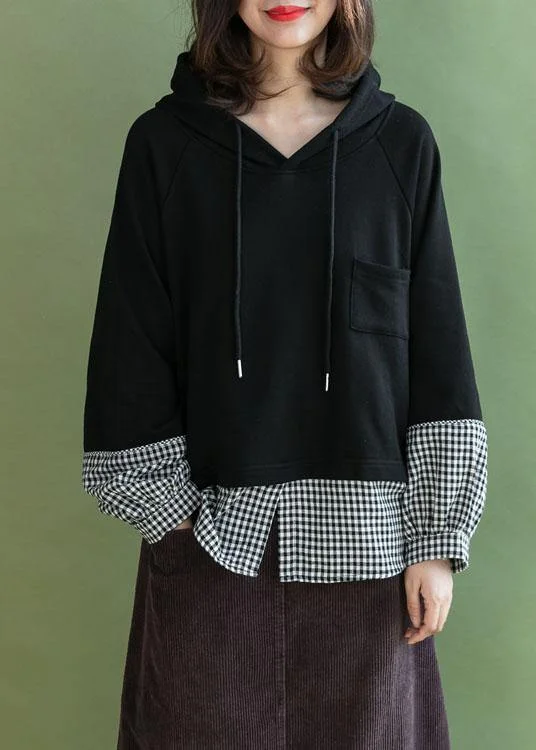 Minimalism Stylish Black Patchwork Plaid Pockets Fall Loose Pullover Street Wear