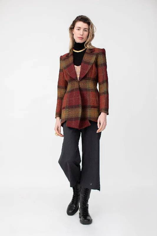 Playful Style Signature Jacket in structured British 100% wool, featuring a bold check in rust & moss