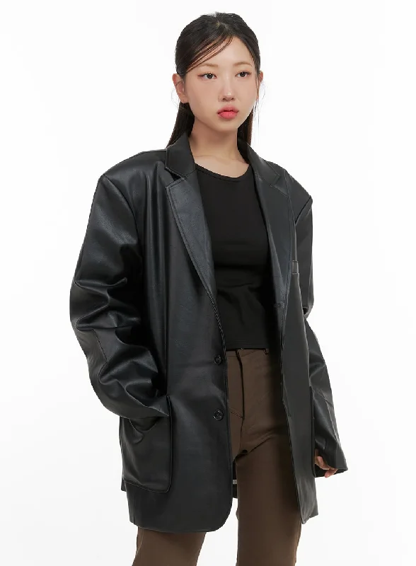 Casual Style Buttoned Oversized Leather Blazer (UNISEX) CS405