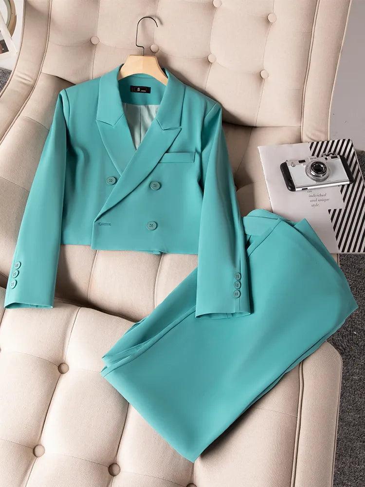 Urban Style Double-Breasted Crop Blazer Women Pant Suit