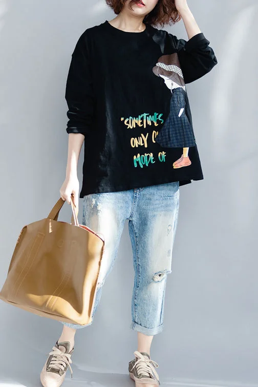 Thin Design Women o neck long sleeve cotton shirts women plus size Work black baggy top spring