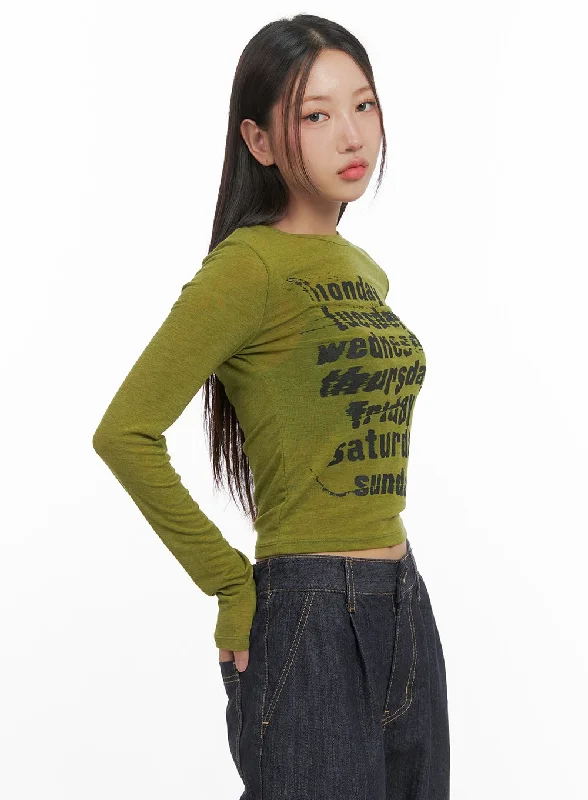 Classic Style Lettered Long Sleeve Crop Tee CO402