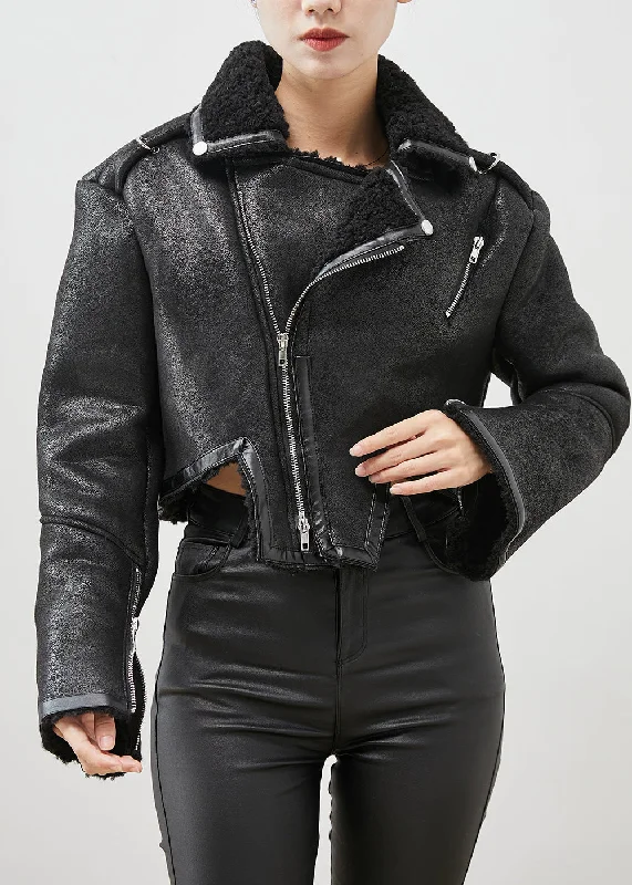 Classic Style Black Patchwork Faux Fur Jackets Asymmetrical Zippered Winter