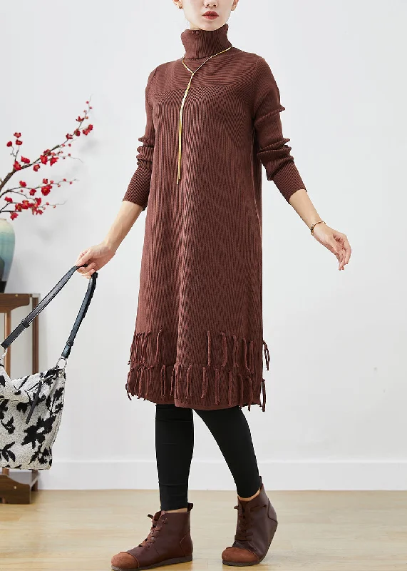 Casual Street Chocolate Knit Sweater Dress High Neck Tasseled Fall