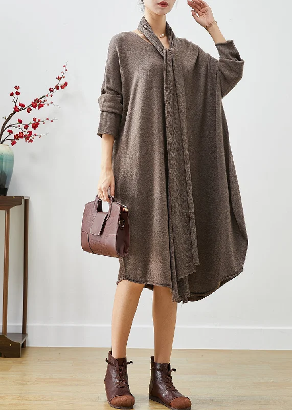 Bottom And Versatile Coffee Loose Knit Maxi Dresses Button Down Complimentary Scarf Fall