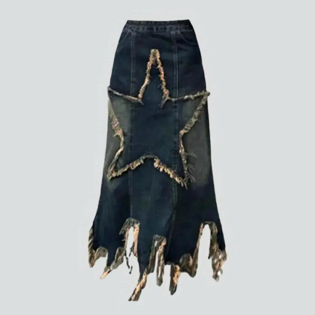 French Style Distressed star-patch denim skirt