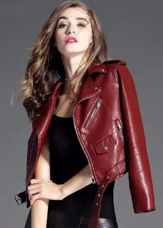 Luxury Temperament European And American Style Mulberry Zippered Faux Leather Jackets Spring