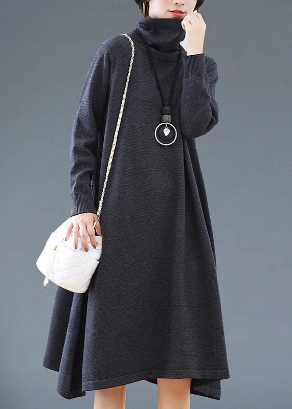 British Style Simple Dark Grey Turtleneck Striped Patchwork Woolen Dress Fall