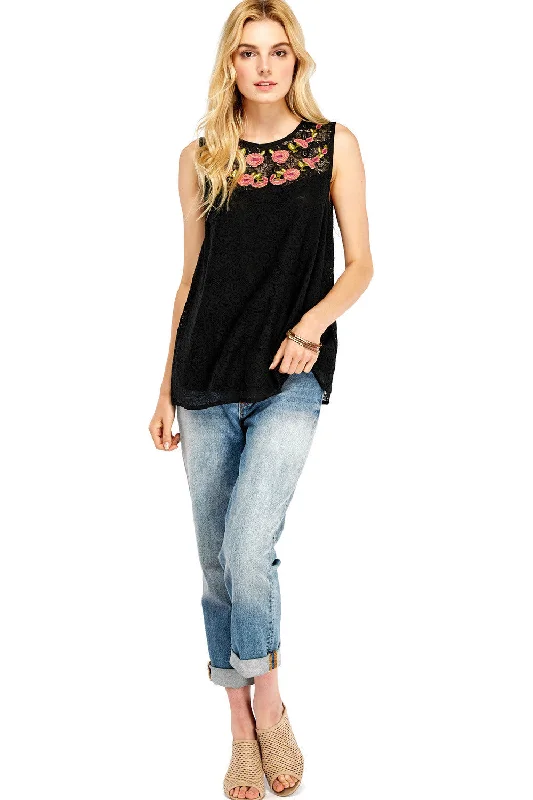 Elegant And Noble Floral Embroidered Lace Top, Black